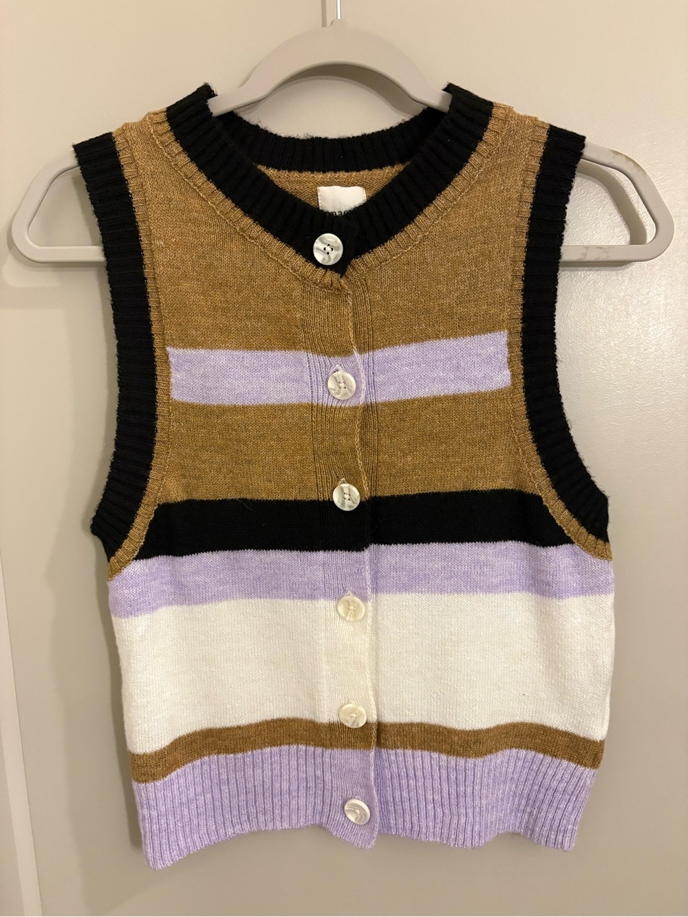 Striped Sleeveless Knit Button-Up Sweater Vest - Brown, Lavender, Black, White